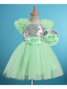 Mark & Mia - Frill Sleeves Mesh Party Dress Sequin Detailing and Floral Applique - Mint