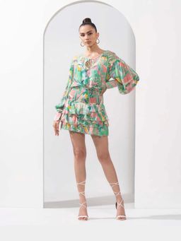 MANDIRA WIRK - Multi-Coloured Abstract Printed Top with Skirt