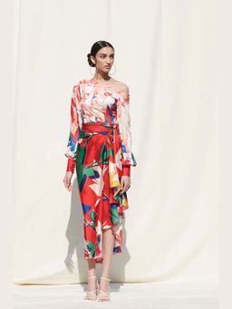 MANDIRA WIRK - Red Printed Crepe Satin Top with Skirt