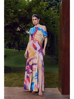 MANDIRA WIRK - Blue Modern Abstract One Shoulder Dress