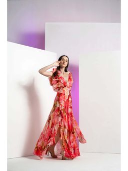 MANDIRA WIRK - Ultra Peony Corsage Pleated Maxi Dress