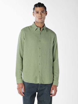 Jack & Jones - Men's Green Textured Full Sleeves Shirt