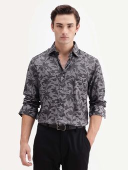 Rare Rabbit - Men's Rezo Dark Grey Polyester Blend Spread Collar Button Regular Floral Shirt