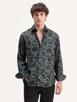 Rare Rabbit - Men's Rezo Dark Green Polyester Blend Spread Collar Button Regular Floral Shirt
