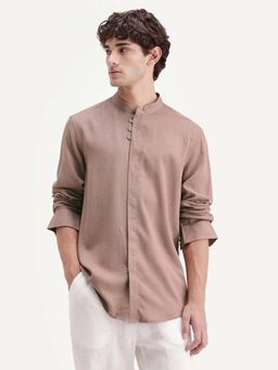 Rare Rabbit - Men's Throne-Aw26 Light Brown Linen Blend Mandarin Collar Regular Plain Shirt