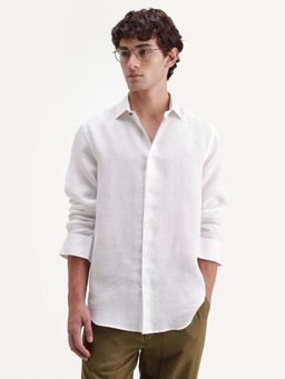 Rare Rabbit - Men's Mavi-Aw26 White 100% Linen Spread Collar Regular Plain Shirt