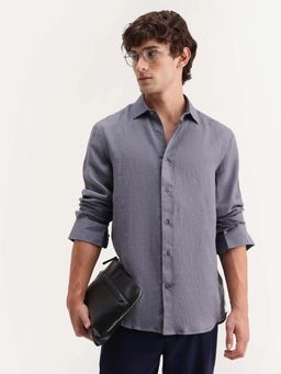 Rare Rabbit - Men's Mavi-Aw26 Dusky Grey 100% Linen Spread Collar Regular Plain Shirt
