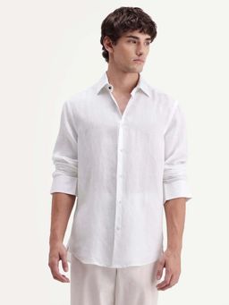 Rare Rabbit - Men's Linex-Ls-Aw26 White Linen Blend Spread Collar Regular Fit Plain Shirt
