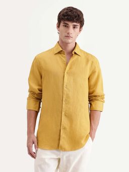 Rare Rabbit - Men's Linex-Ls-Aw26 Dusky Mustard Linen Blend Regular Fit Plain Shirt