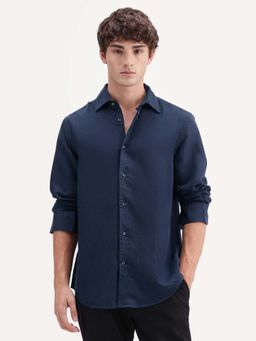 Rare Rabbit - Men's Linex-Ls-Aw26 Dark Navy Linen Blend Spread Collar Regular Fit Plain Shirt