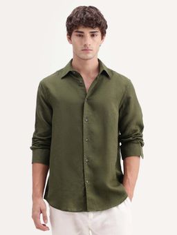 Rare Rabbit - Men's Linex-Ls-Aw26 Dark Green Linen Blend Spread Collar Regular Fit Plain Shirt