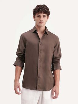 Rare Rabbit - Men's Linex-Ls-Aw26 Brown Linen Blend Spread Collar Regular Fit Plain Shirt