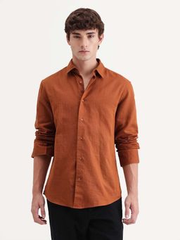 Rare Rabbit - Men's Layer-Ls-Aw26 Dusky Rust Cotton Spread Collar Regular Plain Shirt
