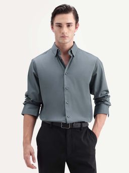 Rare Rabbit - Men's Como-Aw26 Dusky Blue Cotton Blend Spread Collar Regular Plain Shirt