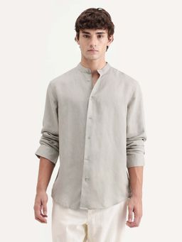 Rare Rabbit - Men's Cinex-Aw26 Light Green Linen Mandarin Collar Regular Fit Plain Shirt