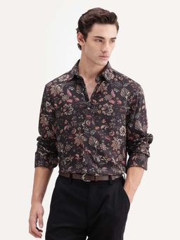 Rare Rabbit - Men's Reed Black Viscose Fabric Full Sleeve Regular Floral Print Shirt