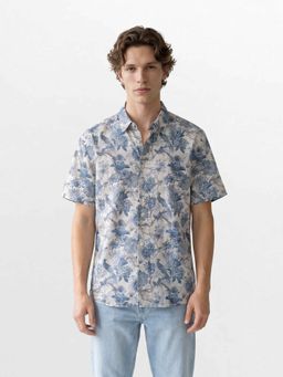 The Bear House - Men's Relaxed Fit Floral and Bird Printed Linen Blend Casual Shirt