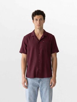 The Bear House - Men's Solid Cuban Collar Relaxed Fit Casual Shirt