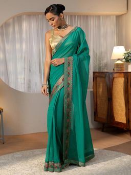 Libas - Green Solid Pre-Draped Saree with Taping Border