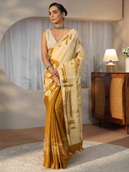 Libas - Mustard Floral Printed Saree with Tassel Border