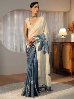Libas - Blue Floral Printed Saree with Tassel Border