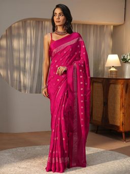 Libas - Pink Floral Motifs Zari Woven Design Saree with Solid Border