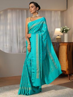 Libas - Blue Floral Motifs Zari Woven Design Saree with Solid Border