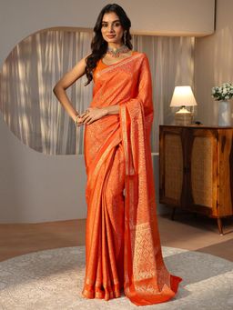 Libas - Orange Floral Woven Design Zari Saree with Woven Design Border