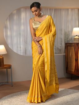 Libas - Yellow Floral Woven Design Zari Saree with Woven Design Border