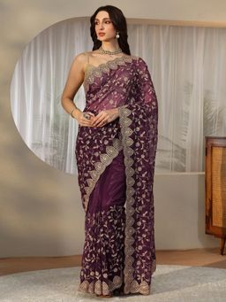Libas - Purple Floral Zari Saree with Embroidered Border