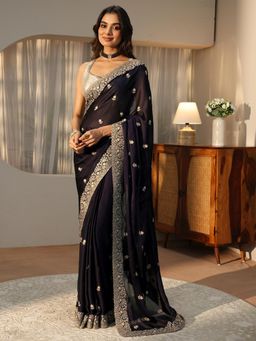 Libas - Purple Floral Motifs Zari Saree with Embroidered Border