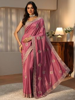 Libas - Pink Floral Zari Saree with Embroidered Border