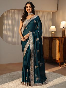 Libas - Teal Floral Zari Saree with Embroidered Border