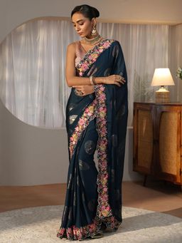 Libas - Navy Blue Ethnic Motif Saree with Embroidered Border