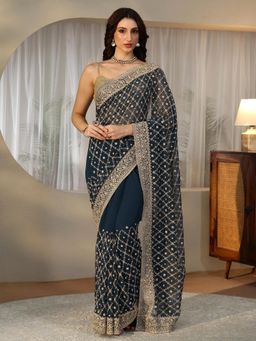 Libas - Navy Blue Floral Zari Saree with Embroidered Border