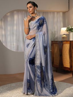 Libas - Blue Floral Printed Saree with Stone Work Embellished Border