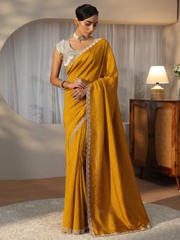 Libas - Mustard Solid Saree with Stone Work Embellished Border
