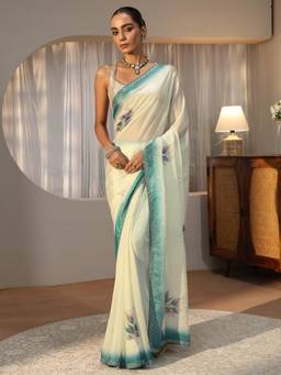 Libas - Cream Floral Embellished Saree with Stone Work Embellished Border
