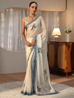 Libas - Cream Floral Embellished Saree with Stone Work Embellished Border