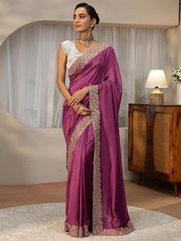 Libas - Purple Solid Saree with Floral Zari Embroidered Border