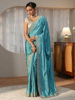 Libas - Blue Floral Zari Embroidered Saree with Embroidered Border