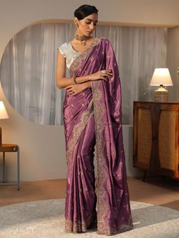 Libas - Purple Floral Zari Embroidered Saree with Embroidered Border