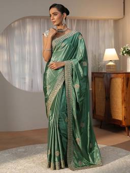 Libas - Green Ethnic Motif Zari Saree with Embroidered Border