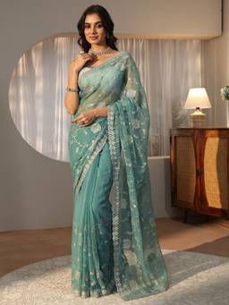 Libas - Blue Floral Zari Saree with Embroidered Border