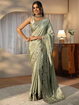 Libas - Green Floral Zari Saree with Embroidered Border