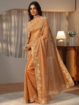 Libas - Orange Ethnic Motif Zari Embroidered Saree with Embroidered Border