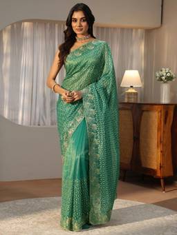 Libas - Green Ethnic Motif Zari Embroidered Saree with Embroidered Border