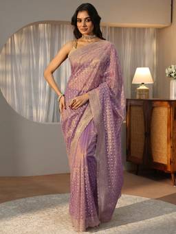 Libas - Lavender Ethnic Motif Zari Saree with Embroidered Border