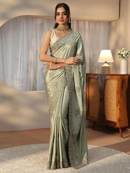 Libas - Green Floral Zari Saree with Embroidered Border