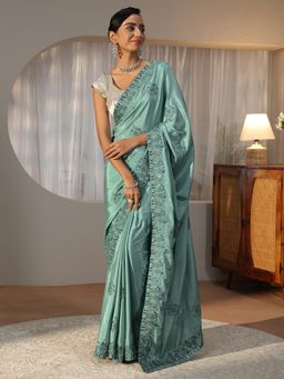 Libas - Blue Floral Zari Saree with Embroidered Border